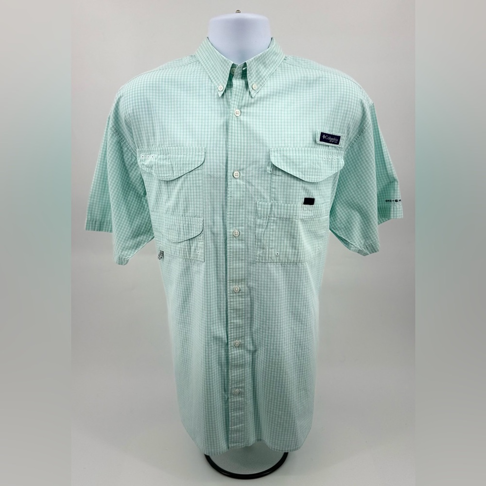 Columbia‎ PFG Shirt Super Bonehead Vented Fishing Aqua Gingham Check Men’s Large